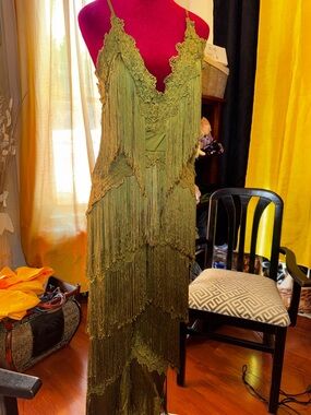 Olive Green Fringe Lace Maxi Dress with Delicate Spaghetti Straps